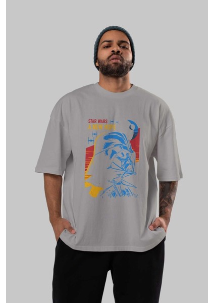 Star Wars Ön Baskılı Gri Oversize T-Shirt Bisiklet Yaka Pamuk Erkek Kadın indirimleri