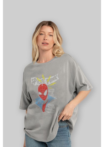 Spiderman (18) Ön Baskılı Gri Oversize T-Shirt Bisiklet Yaka Pamuk Erkek Kadın fırsatları