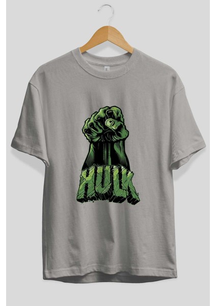 Hulk (1) Ön Baskılı Gri Oversize T-Shirt Bisiklet Yaka Pamuk Erkek Kadın fiyatları