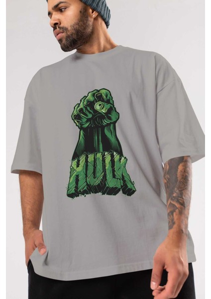Hulk (1) Ön Baskılı Gri Oversize T-Shirt Bisiklet Yaka Pamuk Erkek Kadın modelleri