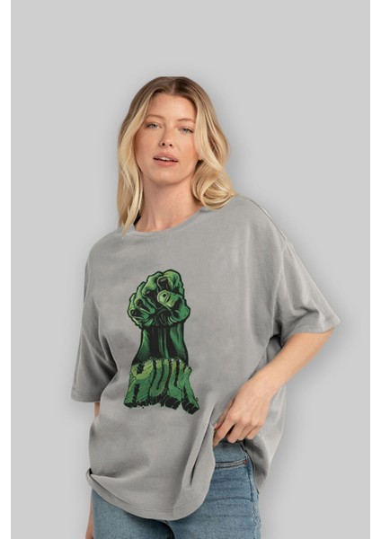 Hulk (1) Ön Baskılı Gri Oversize T-Shirt Bisiklet Yaka Pamuk Erkek Kadın fırsatları