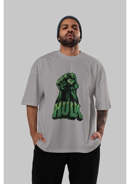 Hulk (1) Ön Baskılı Gri Oversize T-Shirt Bisiklet Yaka Pamuk Erkek Kadın indirimleri