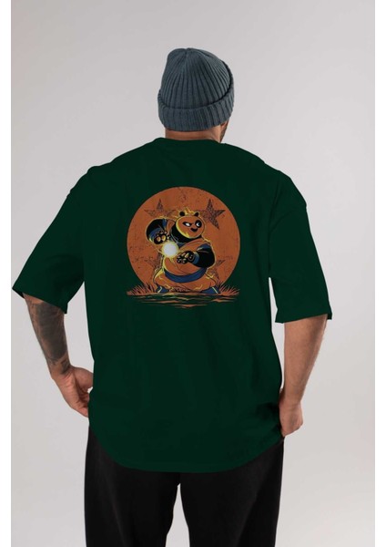 Kung Fu Panda Arka Baskılı Zümrüt Yeşili Oversize T-Shirt Bisiklet Yaka Erkek Kadın