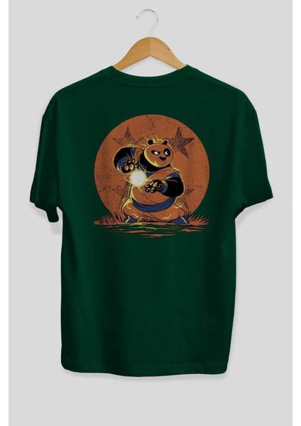 Kung Fu Panda Arka Baskılı Zümrüt Yeşili Oversize T-Shirt Bisiklet Yaka Erkek Kadın fiyatları