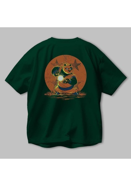 Kung Fu Panda Arka Baskılı Zümrüt Yeşili Oversize T-Shirt Bisiklet Yaka Erkek Kadın modelleri
