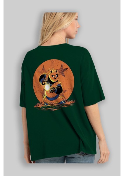 Kung Fu Panda Arka Baskılı Zümrüt Yeşili Oversize T-Shirt Bisiklet Yaka Erkek Kadın fırsatları