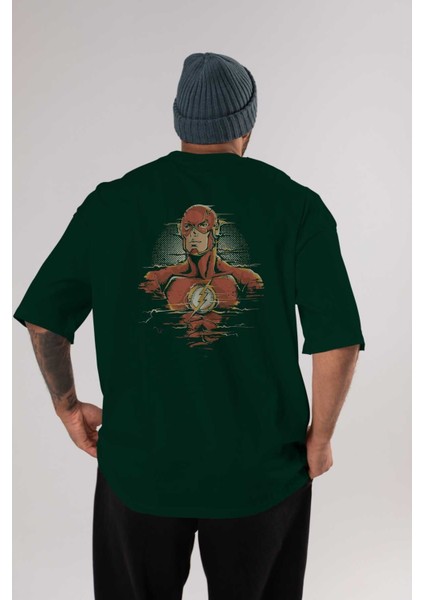 Flash Avengers Arka Baskılı Zümrüt Yeşili Oversize T-Shirt Bisiklet Yaka Erkek Kadın