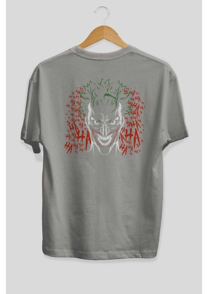 Joker (5) Arka Baskılı Gri Oversize T-Shirt Bisiklet Yaka Pamuk Erkek Kadın fiyatları