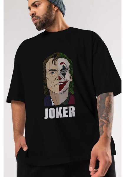 Joker (8) Ön Baskılı Siyah Oversize T-Shirt Bisiklet Yaka Erkek Kadın modelleri