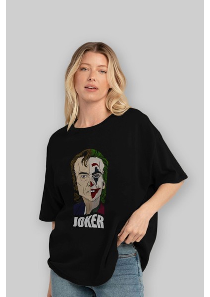 Joker (8) Ön Baskılı Siyah Oversize T-Shirt Bisiklet Yaka Erkek Kadın fırsatları