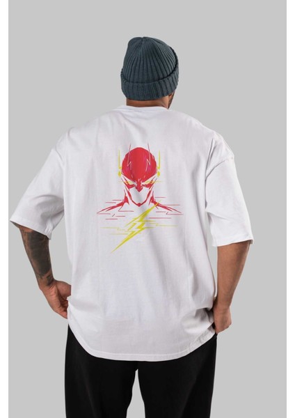 Flash Avengers (2) Arka Baskılı Beyaz Oversize T-Shirt Bisiklet Yaka Pamuk Erkek Kadın