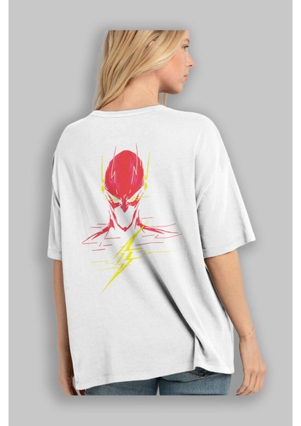 Flash Avengers (2) Arka Baskılı Beyaz Oversize T-Shirt Bisiklet Yaka Pamuk Erkek Kadın modelleri