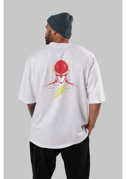 Flash Avengers (2) Arka Baskılı Beyaz Oversize T-Shirt Bisiklet Yaka Pamuk Erkek Kadın fırsatları