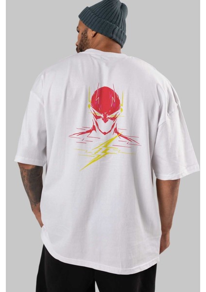 Flash Avengers (2) Arka Baskılı Beyaz Oversize T-Shirt Bisiklet Yaka Pamuk Erkek Kadın indirimleri