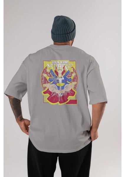 Doctor Strange (1) Arka Baskılı Gri Oversize T-Shirt Bisiklet Yaka Pamuk Erkek Kadın