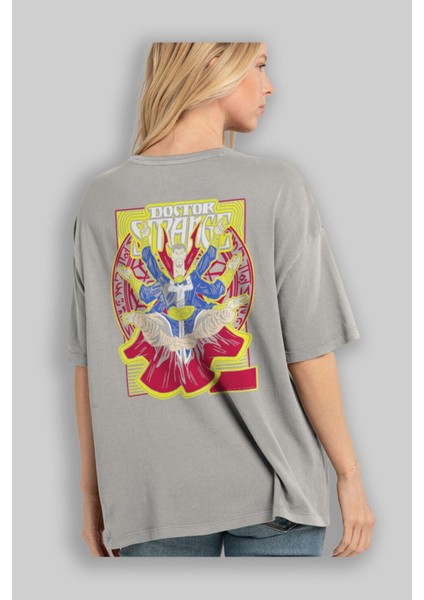 Doctor Strange (1) Arka Baskılı Gri Oversize T-Shirt Bisiklet Yaka Pamuk Erkek Kadın