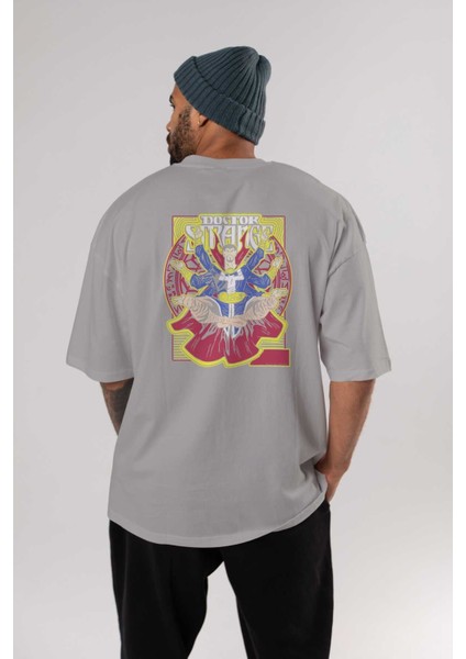 Doctor Strange (1) Arka Baskılı Gri Oversize T-Shirt Bisiklet Yaka Pamuk Erkek Kadın