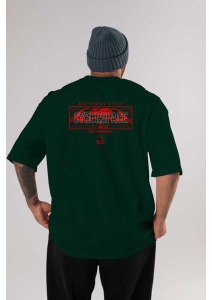 Cyberspace Arka Baskılı Zümrüt Yeşili Oversize T-Shirt Unisex Erkek Kadın Bisiklet Yaka