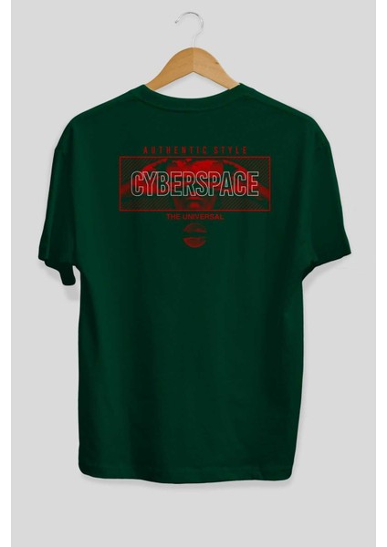 Cyberspace Arka Baskılı Zümrüt Yeşili Oversize T-Shirt Unisex Erkek Kadın Bisiklet Yaka fiyatları