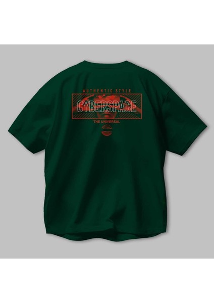 Cyberspace Arka Baskılı Zümrüt Yeşili Oversize T-Shirt Unisex Erkek Kadın Bisiklet Yaka modelleri