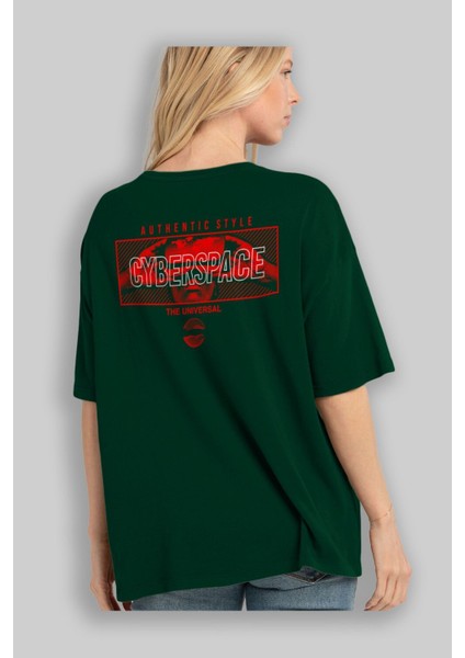 Cyberspace Arka Baskılı Zümrüt Yeşili Oversize T-Shirt Unisex Erkek Kadın Bisiklet Yaka fırsatları