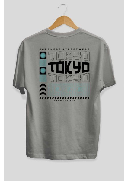 Tokyo Streetwear Arka Baskılı Gri Oversize T-Shirt Unisex Erkek Kadın Bisiklet Yaka fiyatları