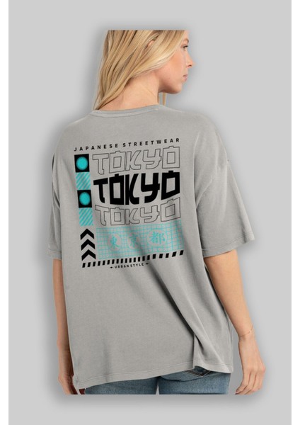 Tokyo Streetwear Arka Baskılı Gri Oversize T-Shirt Unisex Erkek Kadın Bisiklet Yaka modelleri