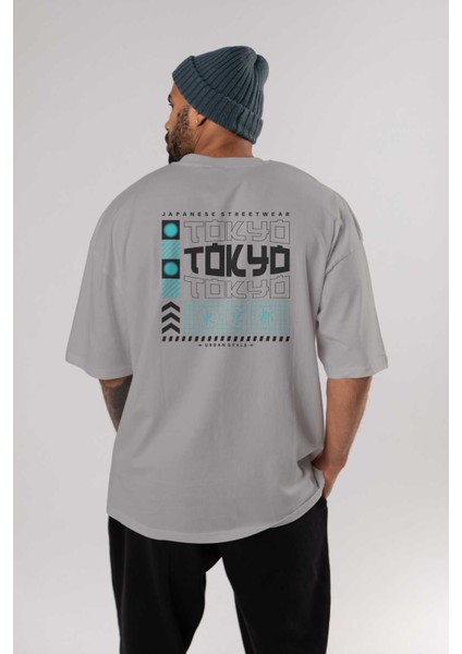 Tokyo Streetwear Arka Baskılı Gri Oversize T-Shirt Unisex Erkek Kadın Bisiklet Yaka fırsatları