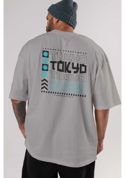 Tokyo Streetwear Arka Baskılı Gri Oversize T-Shirt Unisex Erkek Kadın Bisiklet Yaka indirimleri