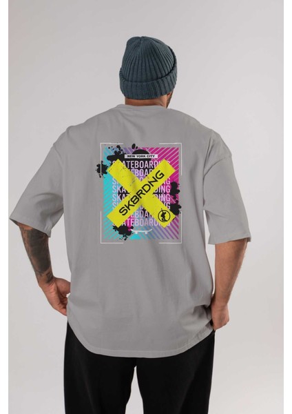 Skatebording Arka Baskılı Gri Oversize T-Shirt Unisex Erkek Kadın Bisiklet Yaka