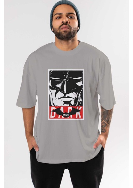 Batman (23) Ön Baskılı Gri Oversize T-Shirt Bisiklet Yaka Pamuk Erkek Kadın