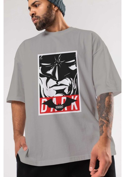 Batman (23) Ön Baskılı Gri Oversize T-Shirt Bisiklet Yaka Pamuk Erkek Kadın modelleri