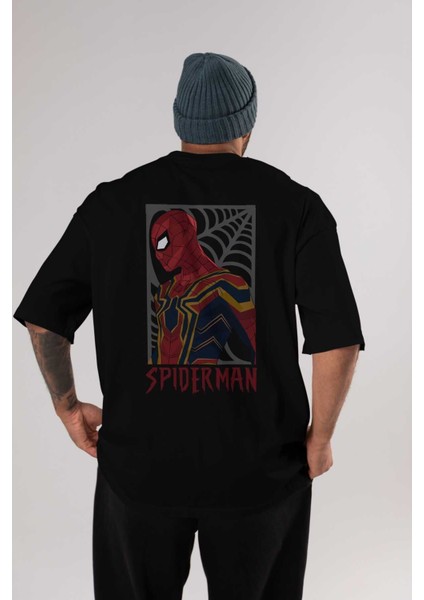 Spiderman (8) Arka Baskılı Siyah Oversize T-Shirt Bisiklet Yaka Pamuk Erkek Kadın