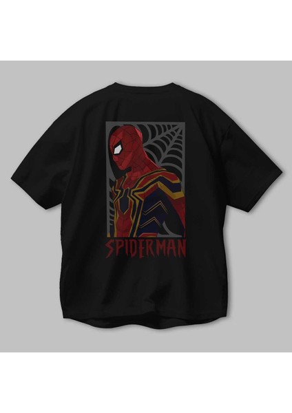 Spiderman (8) Arka Baskılı Siyah Oversize T-Shirt Bisiklet Yaka Pamuk Erkek Kadın modelleri