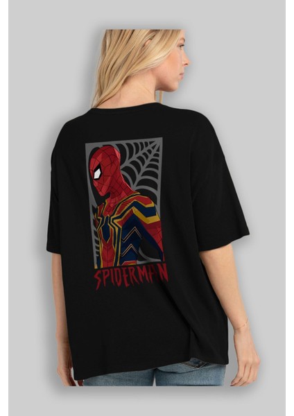 Spiderman (8) Arka Baskılı Siyah Oversize T-Shirt Bisiklet Yaka Pamuk Erkek Kadın fırsatları