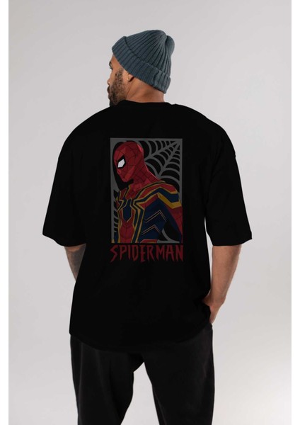 Spiderman (8) Arka Baskılı Siyah Oversize T-Shirt Bisiklet Yaka Pamuk Erkek Kadın indirimleri