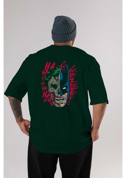Joker Batman Arka Baskılı Zümrüt Yeşili Oversize T-Shirt Bisiklet Yaka Erkek Kadın