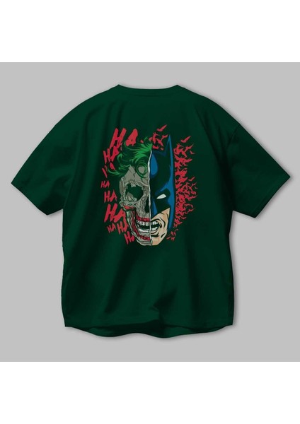 Joker Batman Arka Baskılı Zümrüt Yeşili Oversize T-Shirt Bisiklet Yaka Erkek Kadın modelleri