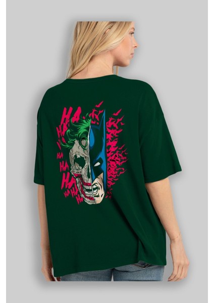 Joker Batman Arka Baskılı Zümrüt Yeşili Oversize T-Shirt Bisiklet Yaka Erkek Kadın fırsatları