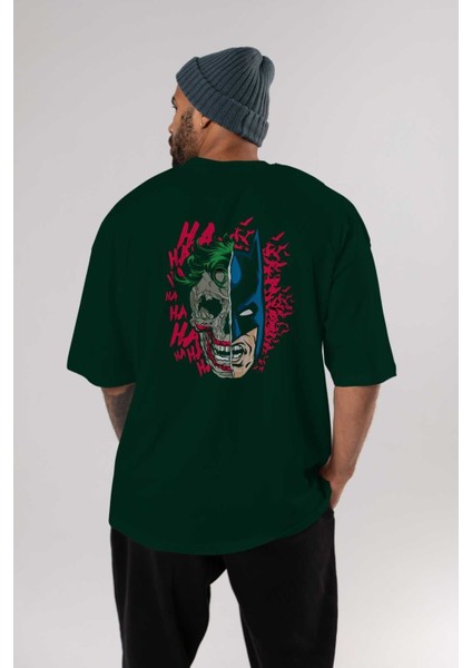 Joker Batman Arka Baskılı Zümrüt Yeşili Oversize T-Shirt Bisiklet Yaka Erkek Kadın indirimleri