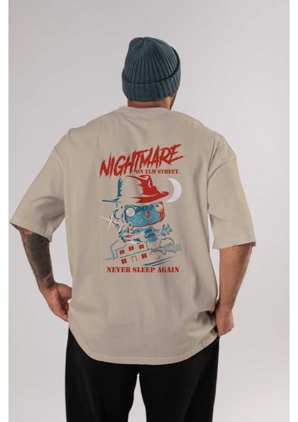 Nightmare Elm Sokağı Arka Baskılı Bej Oversize T-Shirt Bisiklet Yaka Pamuk Erkek Kadın