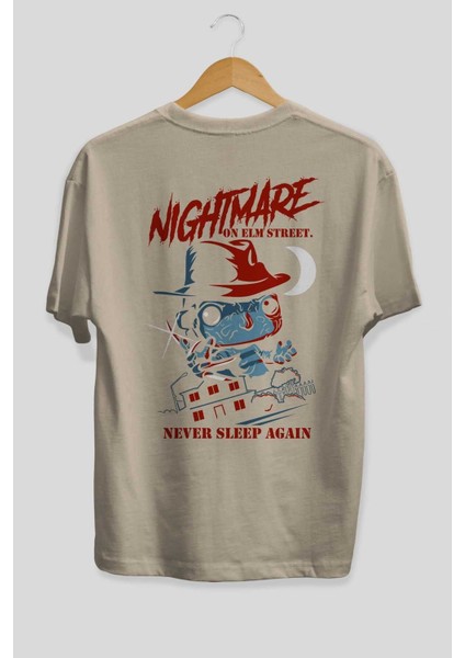 Nightmare Elm Sokağı Arka Baskılı Bej Oversize T-Shirt Bisiklet Yaka Pamuk Erkek Kadın fiyatları