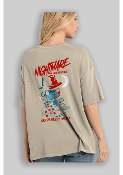 Nightmare Elm Sokağı Arka Baskılı Bej Oversize T-Shirt Bisiklet Yaka Pamuk Erkek Kadın modelleri