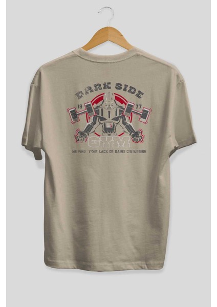 Darth Vader Gym Arka Baskılı Bej Oversize T-Shirt Bisiklet Yaka Pamuk Erkek Kadın fiyatları