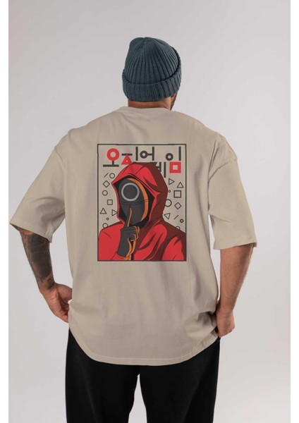 Squid Game (5) Arka Baskılı Bej Oversize T-Shirt Bisiklet Yaka Pamuk Erkek Kadın
