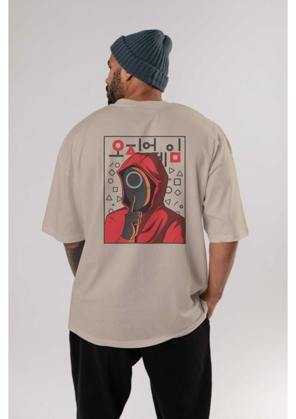 Squid Game (5) Arka Baskılı Bej Oversize T-Shirt Bisiklet Yaka Pamuk Erkek Kadın