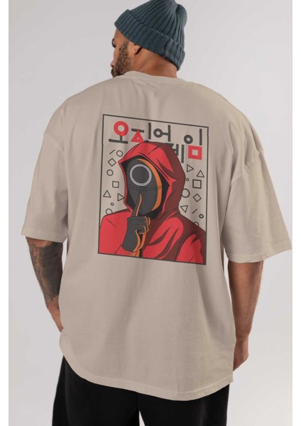 Squid Game (5) Arka Baskılı Bej Oversize T-Shirt Bisiklet Yaka Pamuk Erkek Kadın
