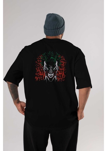 Joker (5) Arka Baskılı Siyah Oversize T-Shirt Bisiklet Yaka Pamuk Erkek Kadın