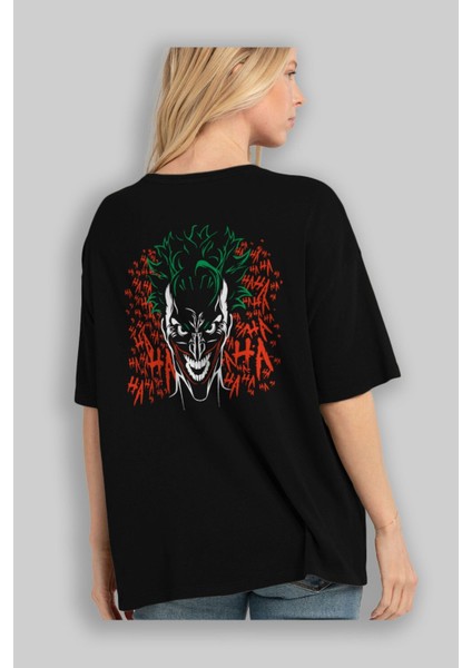 Joker (5) Arka Baskılı Siyah Oversize T-Shirt Bisiklet Yaka Pamuk Erkek Kadın fırsatları