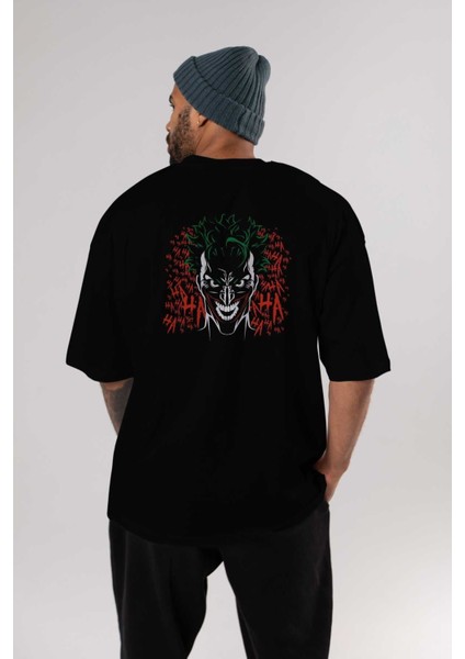 Joker (5) Arka Baskılı Siyah Oversize T-Shirt Bisiklet Yaka Pamuk Erkek Kadın indirimleri